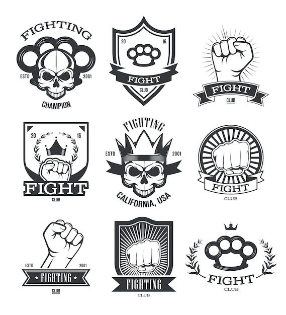 Free vector gangsta tattoo flat emblems set. street gang member and gangster patches with skull, gun, fist or knuckle-duster isolated vector illustration collection. fighting club and power