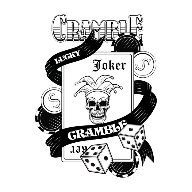 Плоское изображение черепа казино гангстера. Винтажный логотип с игральными картами, джокером, шляпой, деньгами, игральными костями