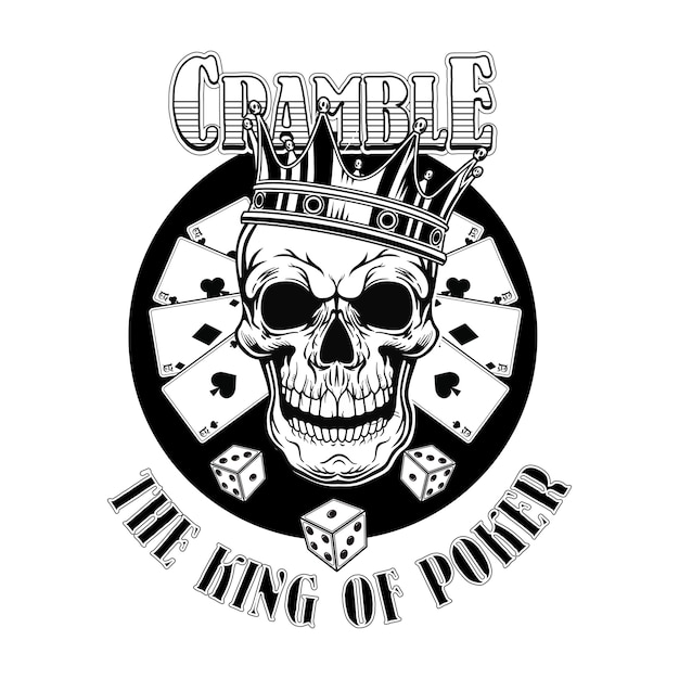 Gangster casino skull. Vintage logotype with playing cards, crown, top hat, dice