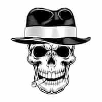 Free vector gangster skull vector illustration. head of skeleton in hat with cigar in mouth. criminal and mafia concept for gang emblems or tattoo templates