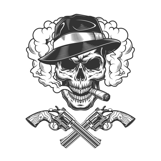 Gangster skull wearing fedora hat
