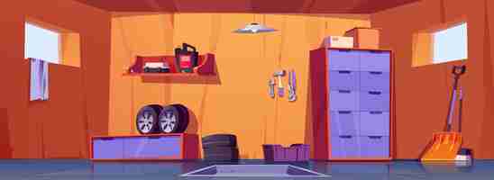 Free vector garage interior with repair tools and car tyres