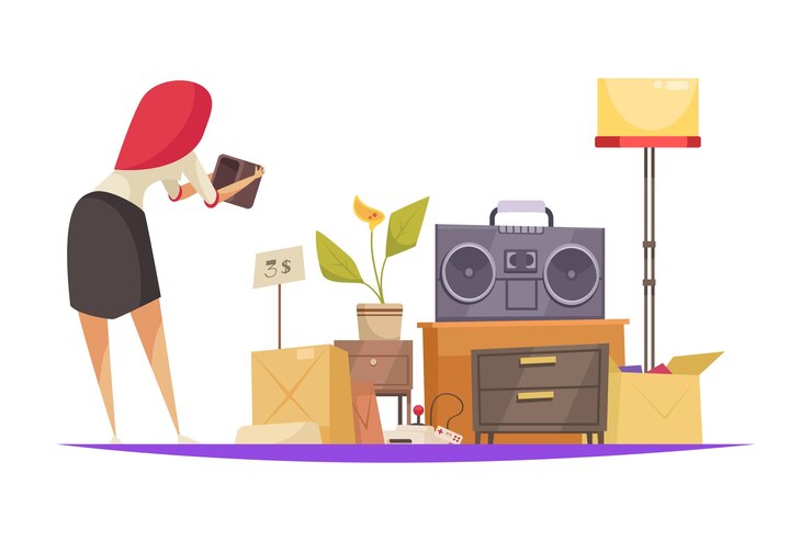 Free Vector garage sale composition with old fashioned goods with interior elements and female character vector illustration
