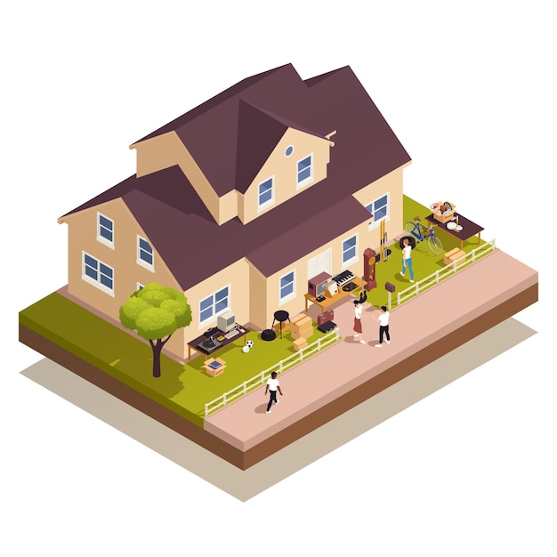 Free vector garage sale and flea market composition with isometric house and people shopping outdoors vector illustration