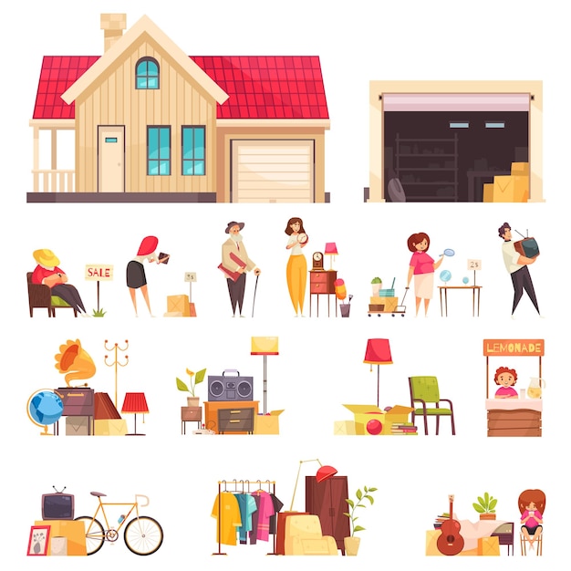 Free vector garage sale icons set with clothes and furniture flat isolated vector illustration