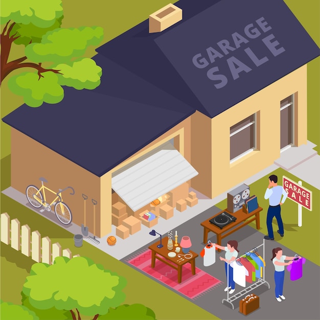 Garage sale isometric concept with people selling and buying second hand goods vector illustration