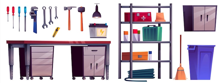 Free Vector garage workshop room cartoon interior vector set carpentry tool and equipment for diy craft inside house basement 2d toolbox inventory on shelves metal table hammer and cellar furniture collection