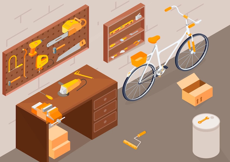 Free Vector garage workshop with working equipment isometric illsutration