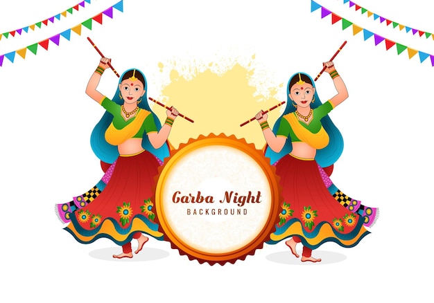 Free vector garba night beautiful woman playing garba and dandiya celebration card design