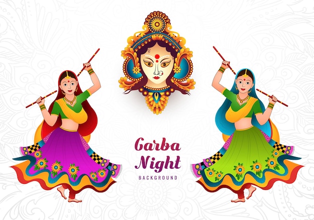 Free vector garba night beautiful woman playing garba and dandiya celebration card illustration design