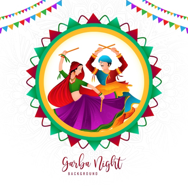 Free vector garba night couple playing garba and dandiya celebration card design