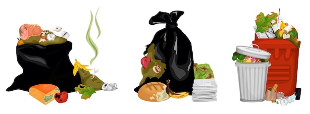 無料ベクター 白い背景の漫画のベクトル図に腐った食べ物 3 つの分離された組成物とゴミ袋
