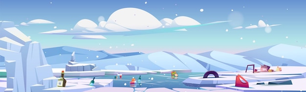 Free vector garbage floating in ocean between ice floes vector cartoon illustration of snowy landscape contaminated with waste glass cardboard plastic metal rubber trash natural disaster climate change