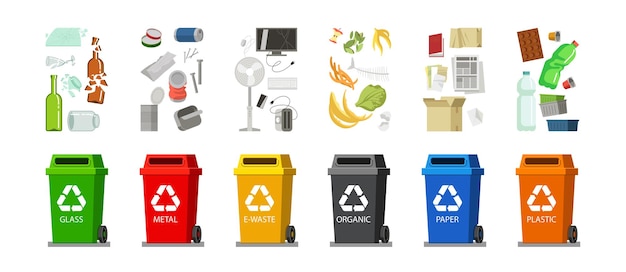 Набор корзин для мусора. Векторные иллюстрации классификации мусорных контейнеров. Сборник мультфильмов из пластикового стекла, металлического органического бумажного мусора для мусорных баков, изолированных на белом. Концепция окружающей среды