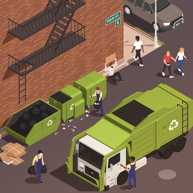 コンテナからトラックに廃棄物を均一に積み込む男性と等尺性のゴミ除去