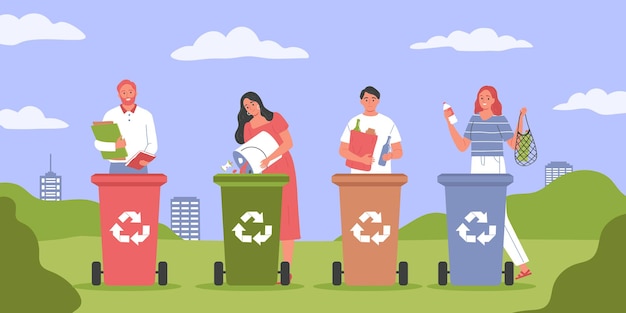 Vettore gratuito composizione nel riciclaggio della separazione dei rifiuti con uno scenario di parco all'aperto con paesaggio urbano e persone con illustrazione colorata di bidoni della spazzatura