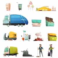 Free vector garbage sorting and recycling process cartoon icons set with yard waste collecting