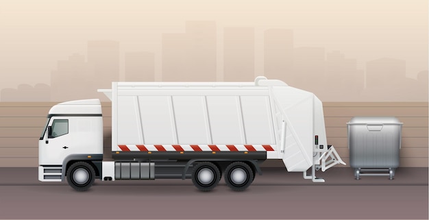 Vettore gratuito fondo del camion della spazzatura con l'illustrazione realistica di vettore di simboli dei veicoli comunali