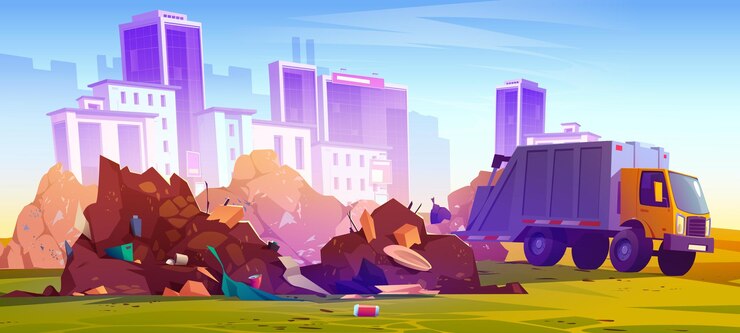 Free Vector garbage truck dumping rubbish at cityscape view