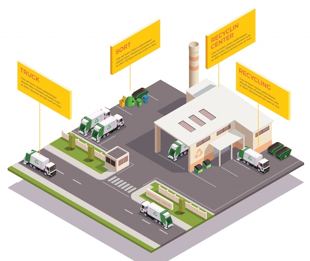 Garbage waste recycling isometric composition with infographic text captions and view of factory building and vehicles vector illustration