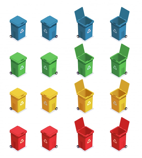 Free vector garbage waste recycling isometric set with sixteen isolated images of rubbish bins with different colour code vector illustration