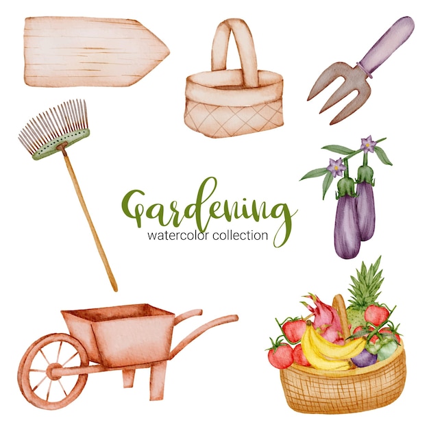 Садовая тележка, деревянный знак, акварель, корзина, вилка, фрукты и овощи, набор садовых предметов в стиле акварели на тему сада.