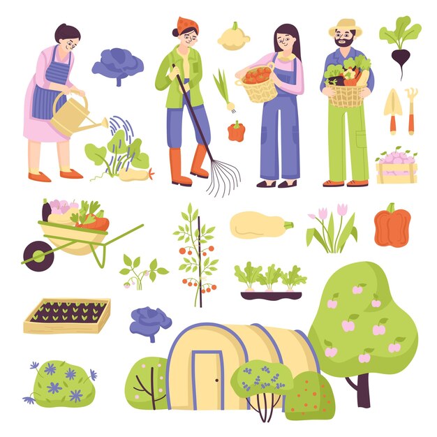 Садовая икона устанавливает тачку для рассады с растениями, теплицами, людьми, которые заботятся о векторной иллюстрации сада