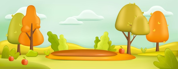 Vettore gratuito illustrazione 3d del fondo del paesaggio del giardino. prato della foresta autunnale con alberi e frutti in stile cartone animato. natura, stagione, concetto di caduta