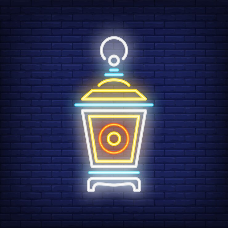 Free Vector garden lantern neon sign. vintage lamp on dark brick wall background.