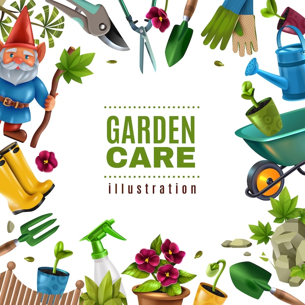 Vettore gratuito giardino manutenzione attrezzi colorati accessori attrezzature cornice quadrata con piantine di picche potatori fiori rastrello spruzzatore