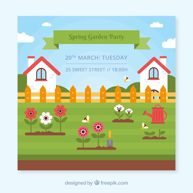 Garden party invitation design with houses