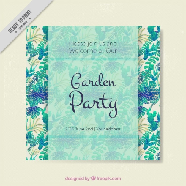 Free vector garden party invitation with watercolor leaves