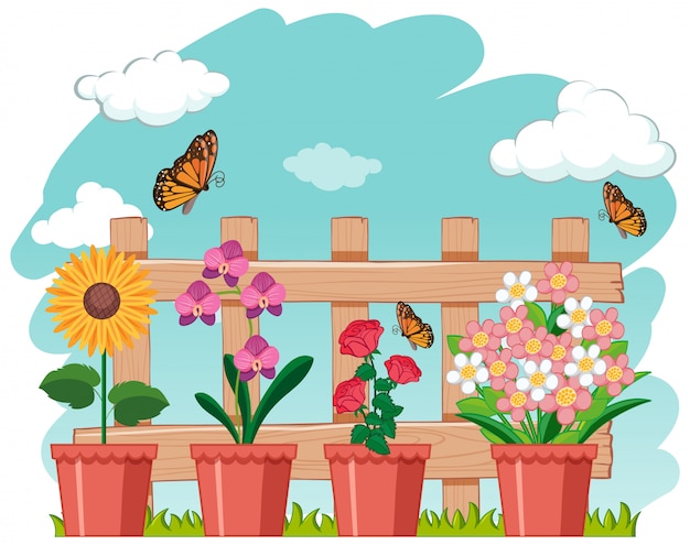 Бесплатное векторное изображение Садовая сцена с красивыми цветами и бабочками