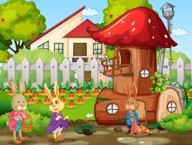 많은 토끼 만화 캐릭터와 함께 정원 장면