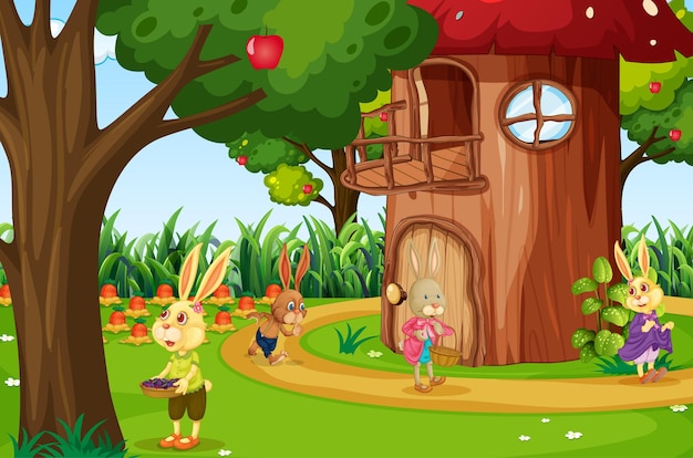 Garden scene with many rabbits cartoon character