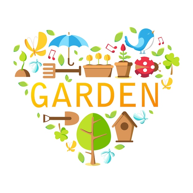 Free vector garden tools collection with tree, pot, ground, watering can, bird house and many other objects on the white