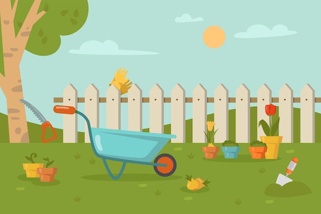 Free vector garden tools lying on grass in front of fence. wheelbarrow, shovel, sawing a tree, gloves on fence, flowers in pots cartoon illustration
