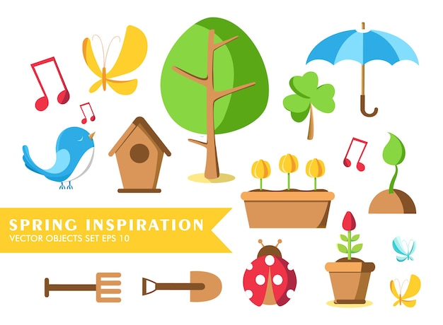 Garden tools set collection with words spring inspiration and ladybird, pot, ground, watering can, bird house and many other objects