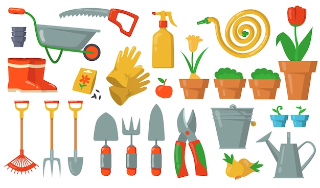 Garden tools set. rake, shovel, bucket, cutter, fork, gloves, potted plant, cart, hose, gumboots illustrations on white background. for gardening work equipment, agriculture, horticulture