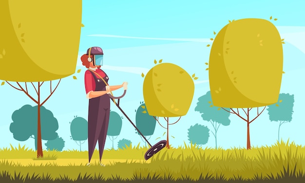 Gardener in autumn with trees and lawn trimming flat illustration