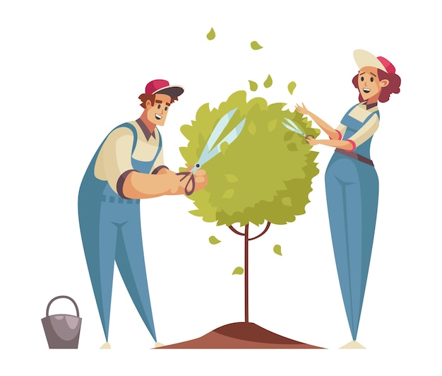 Gardener composition with doodle characters of male and female gardeners trimming tree branches vector illustration