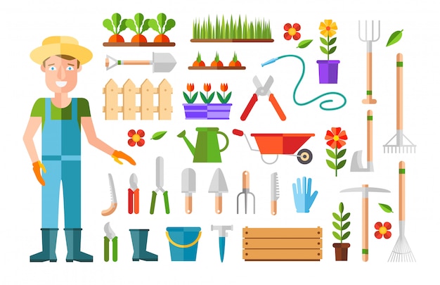 ガーデニングや園芸、趣味用具、野菜箱、植物。