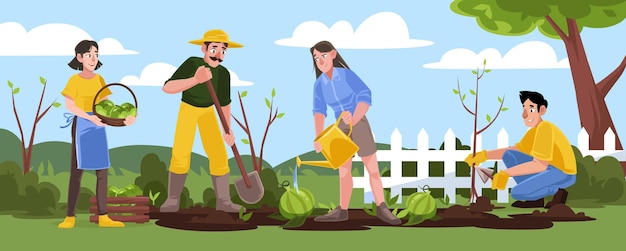 Free vector gardening or farm works in garden, people working