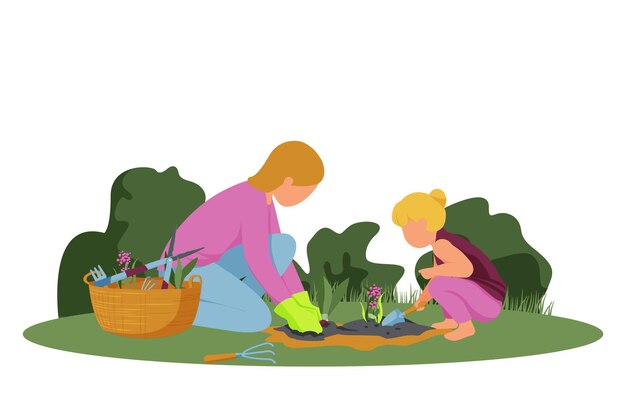 Gardening flat composition with woman and girl planting spring flowers