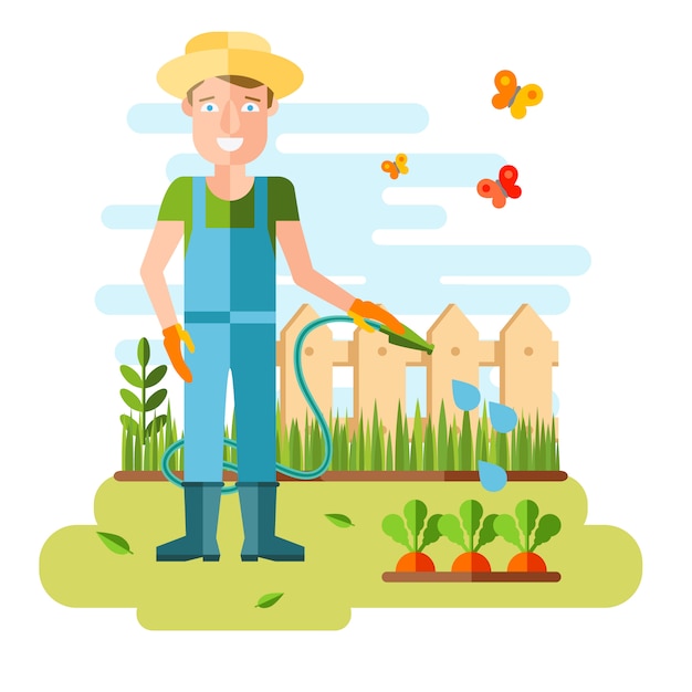 Giardinaggio e orticoltura, attrezzi per hobby, cassette di verdure e piante.