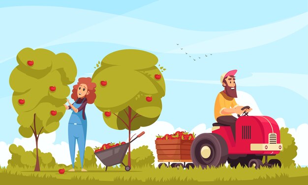 Gardening human characters with tractor during apples harvesting on blue sky background cartoon 