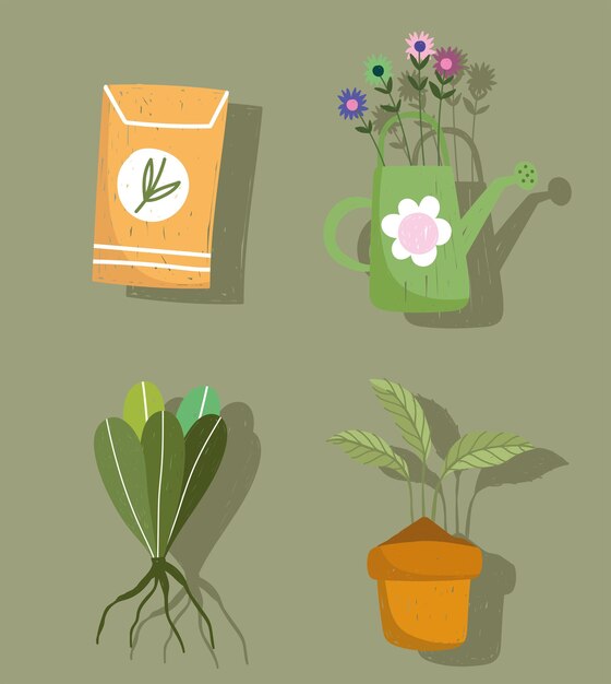 鉢植えの花とじょうろを持つ若い女性の庭の園芸イラスト プレミアムベクター