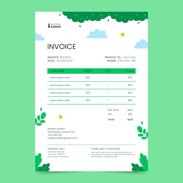 Gardening invoice with leaves template