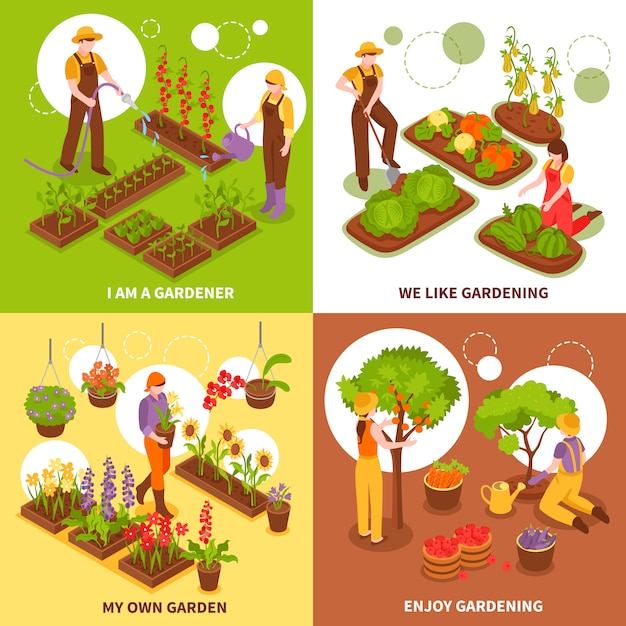 Free vector gardening isometric concept set