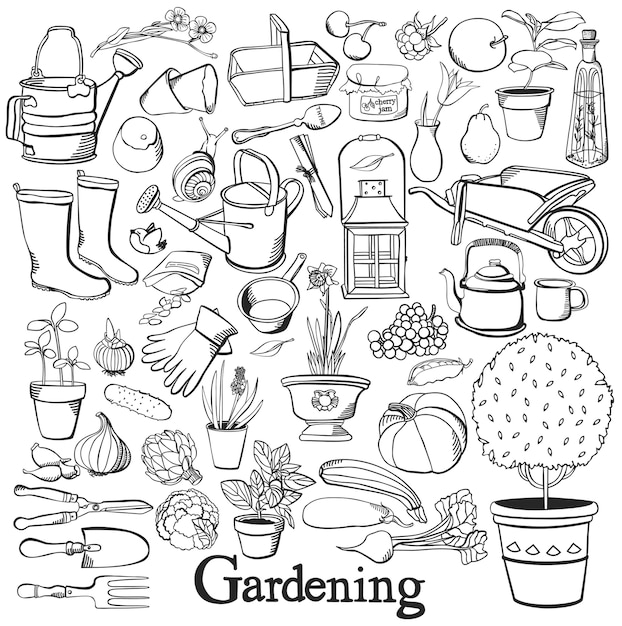 Vettore gratuito icona della linea di giardinaggio disegno di doodle set